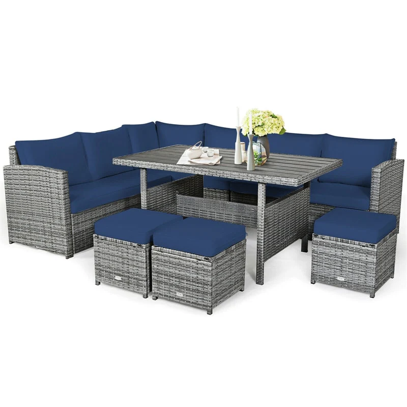 7 PCS Resin Wicker Outdoor Sectional Sofa Set Rattan Patio Seating Group with Dining Table, Ottomans & Cushions - White