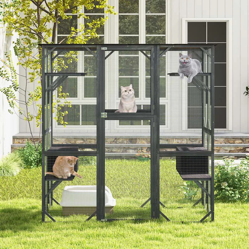 71 Tall Large Cat House Outdoor Catio Kitty Enclosure, Walk-in Cat Kennel Condo, Wooden Cat Cage Playpen with 7 Platforms
