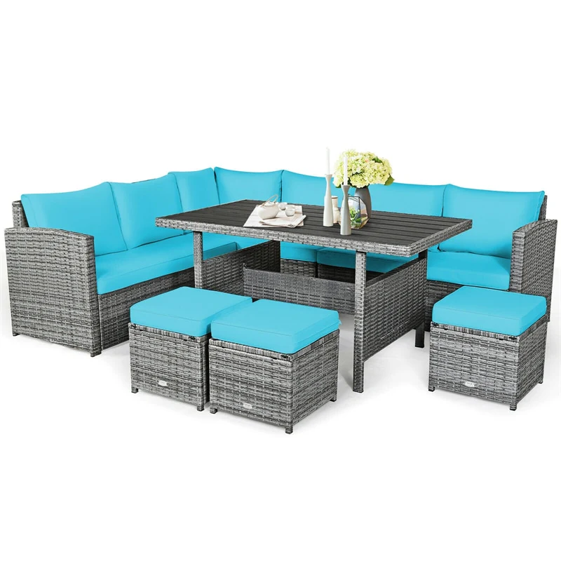 7 PCS Resin Wicker Outdoor Sectional Sofa Set Rattan Patio Seating Group with Dining Table, Ottomans & Cushions - White