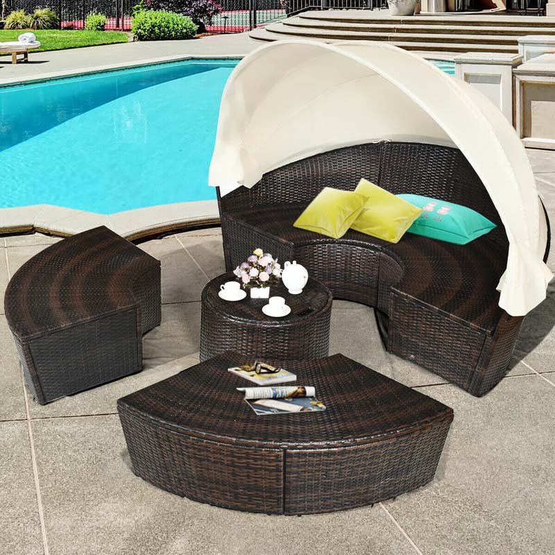 Rattan Wicker Patio Round Daybed with Retractable Canopy & Coffee Table, Outdoor Sectional Furniture Sofa Set - Beige