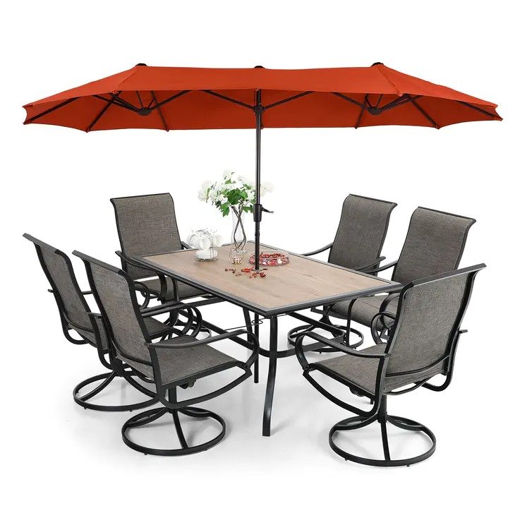 8 Pieces Patio Dining Set with Umbrella,Outdoor Furniture Set with 6 Sling Dining Swivel Chairs - Beige