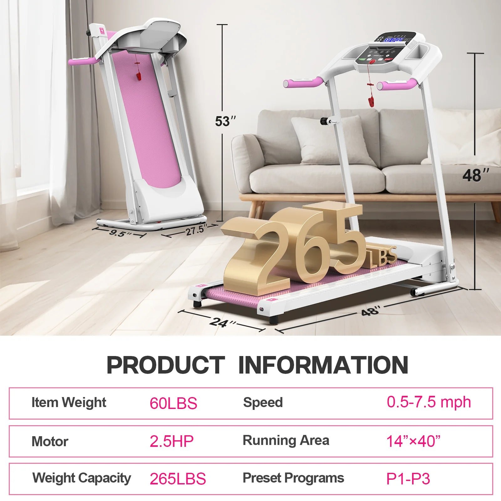 FYC Foldable Treadmills for Home, 2.5 HP, 7.5 MPH, Electric Running Treadmill Quiet Brushless Proform Treadmill for Home Gym, Running Machine with Hea