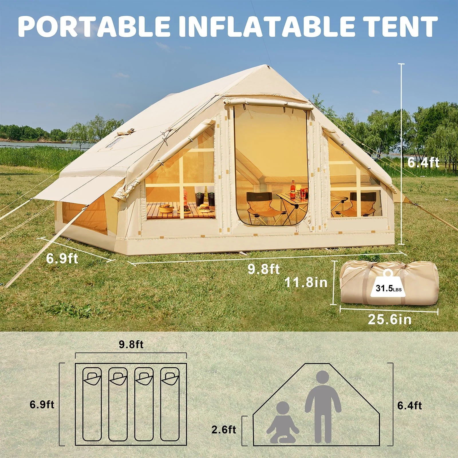 6 Person Inflatable Camping Tent with Pump, 10ft x7ft Glamping Family Tent Easy Setup 4 Season Waterproof Windproof Outdoor Blow Up Tent Luxury Oxford