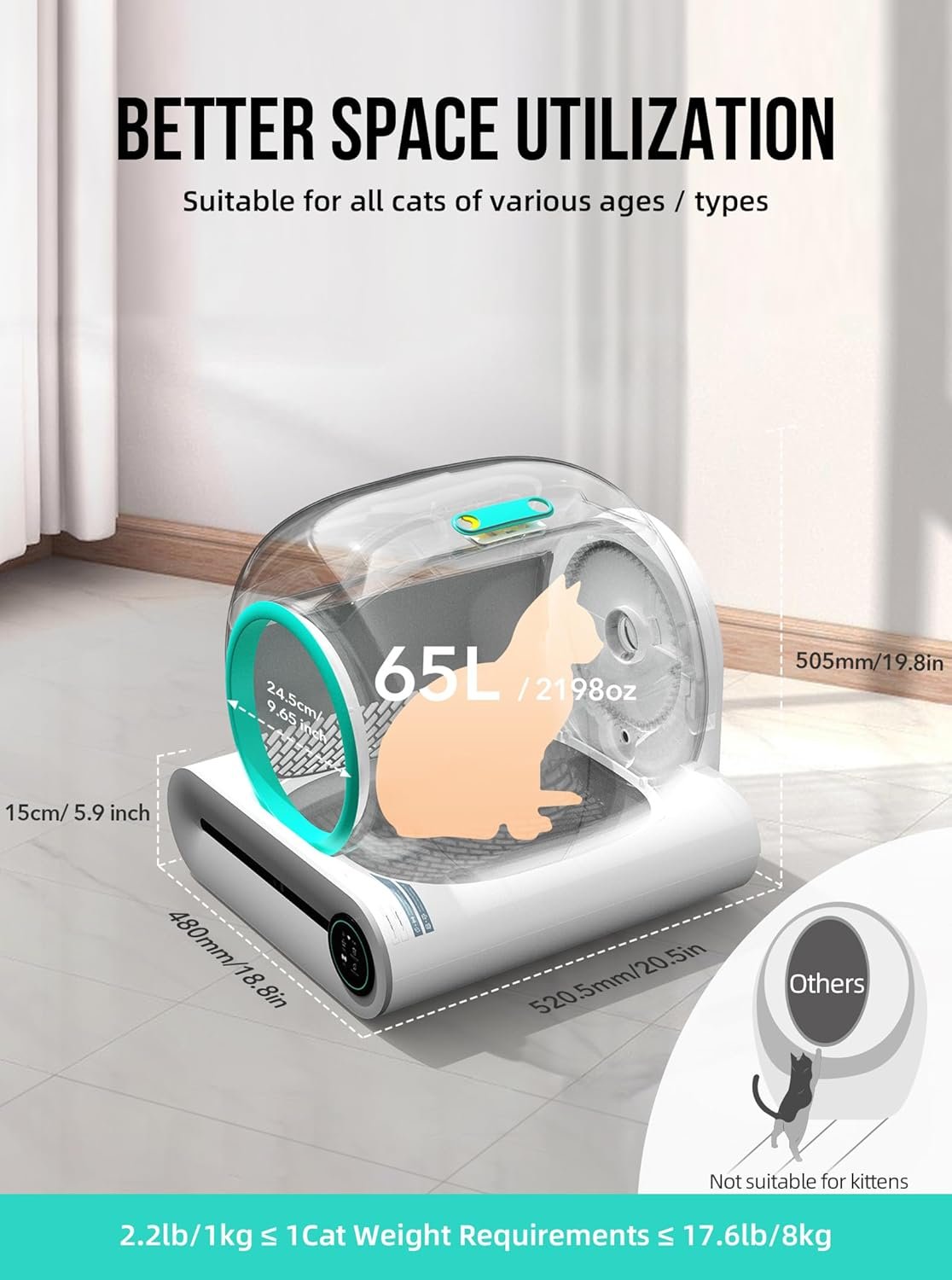 Self Cleaning Cat Litter Box, Automatic Cat Litter Box with Mat & Liners, 65L+9L Large Capacity Self Cleaning Litter Box, APP Control/Suitable for Mul