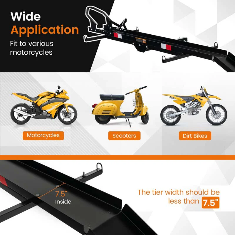 600LBS Motorcycle Hitch Carrier Fit Up to 7.5 Wide Tire, Motorcycle Carrier Hitch Mount w/Loading Ramp, Dirt Bike Trailer, Heavy Duty Motorcycle Rack