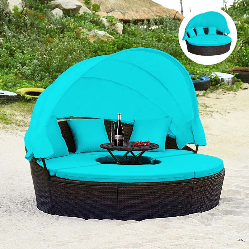Rattan Wicker Patio Round Daybed with Retractable Canopy & Coffee Table, Outdoor Sectional Furniture Sofa Set - Beige