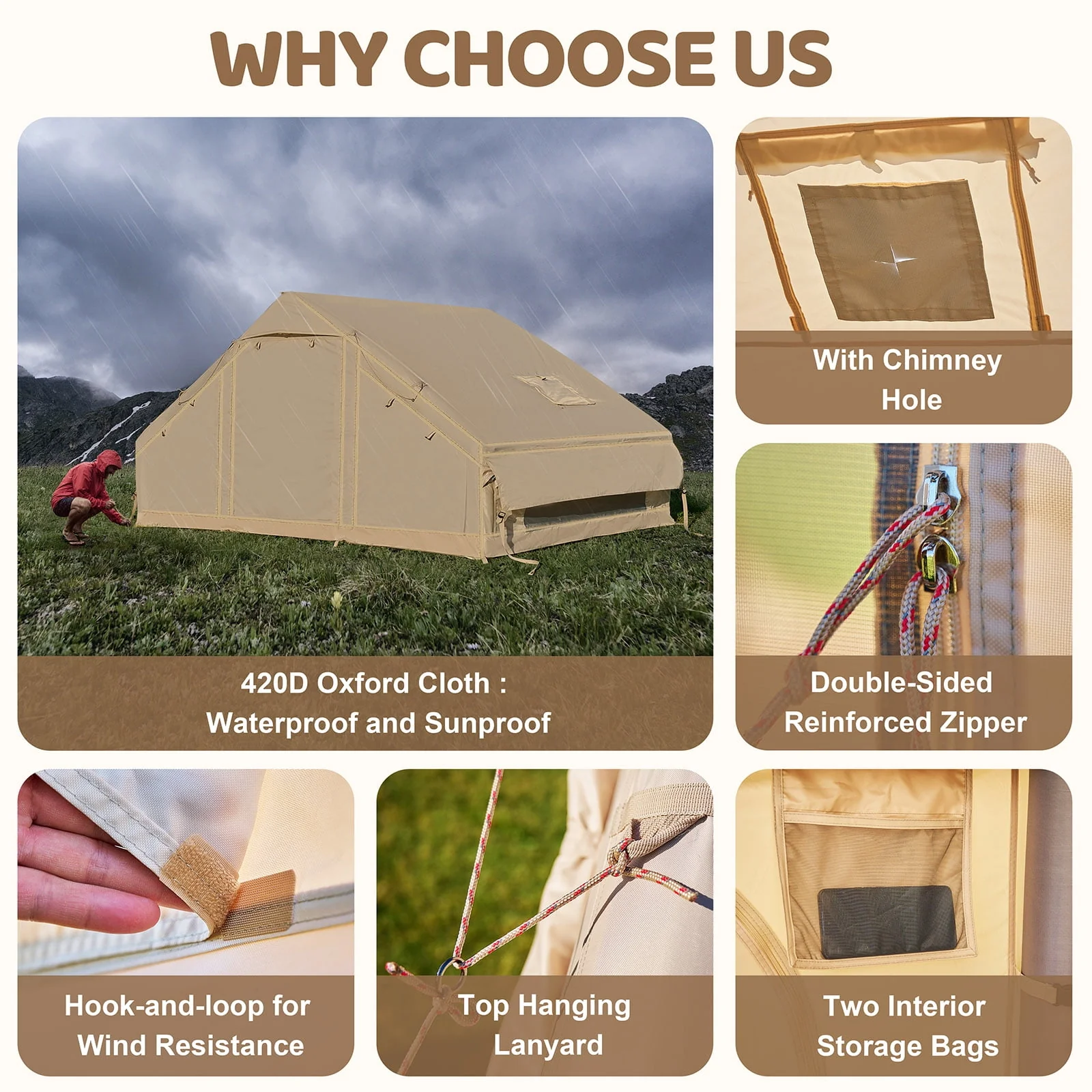 6 Person Inflatable Camping Tent with Pump, 10ft x7ft Glamping Family Tent Easy Setup 4 Season Waterproof Windproof Outdoor Blow Up Tent Luxury Oxford