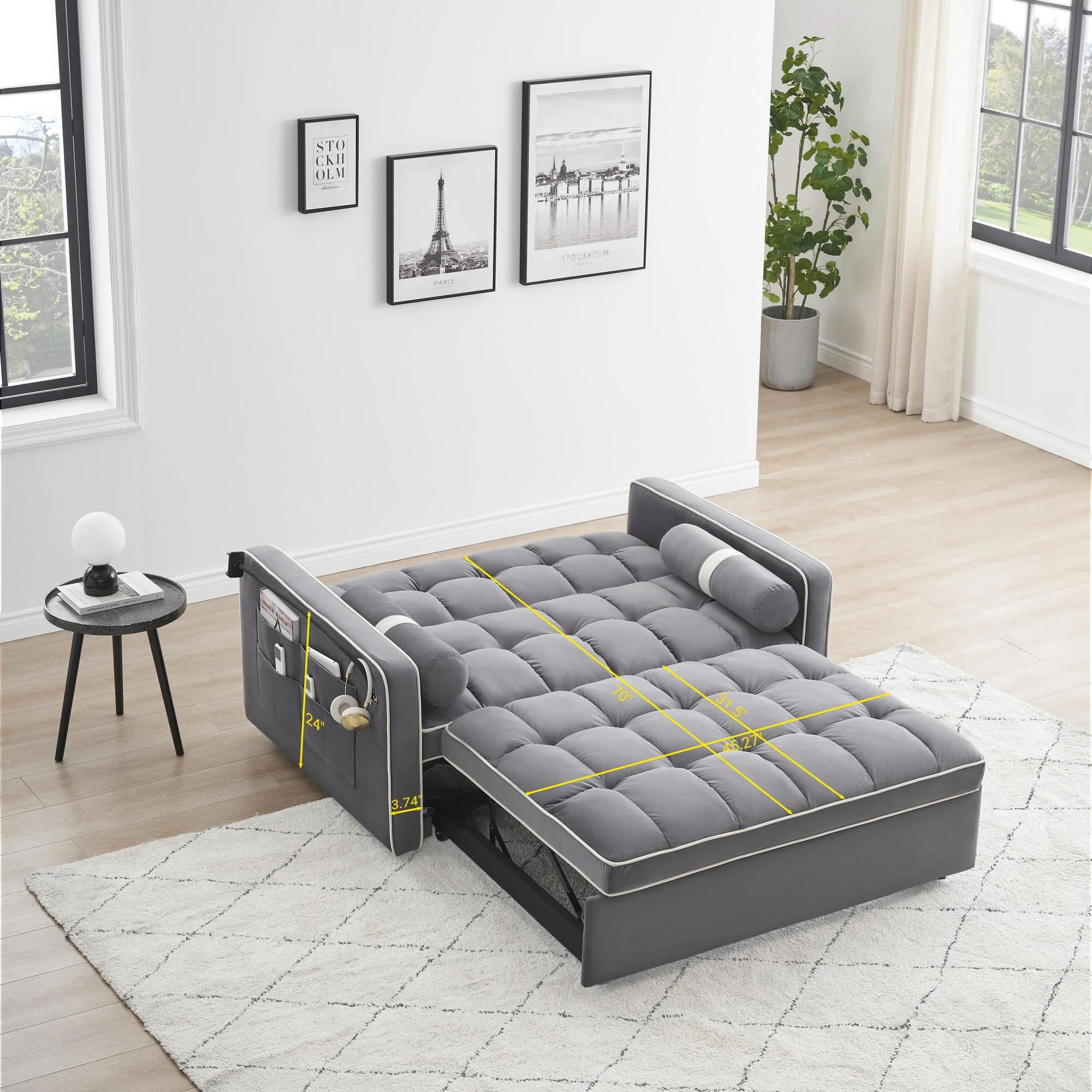 3 in 1 Sleeper Sofa Couch Bed,Small Tufted Velvet Convertible Loveseat Futon Sofa w/Pullout Bed,Adjustable Backrest,Cylinder Pillows,Multi-Pockets,Pho