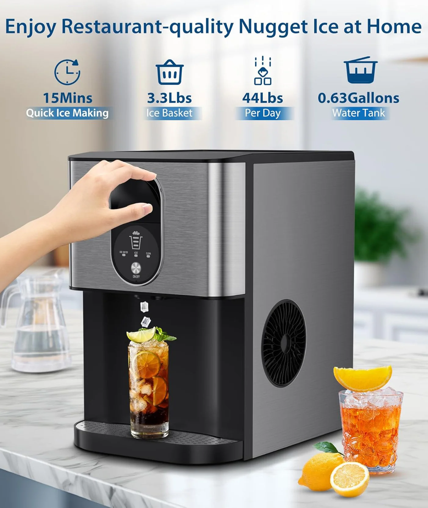 44lbs/24H Nugget Ice Maker Countertop Dispenser - Black