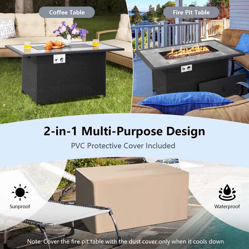 52 50000 BTU Rattan Outdoor Propane Gas Fire Pit Table with Marble Tabletop, Lava Rocks & PVC Cover