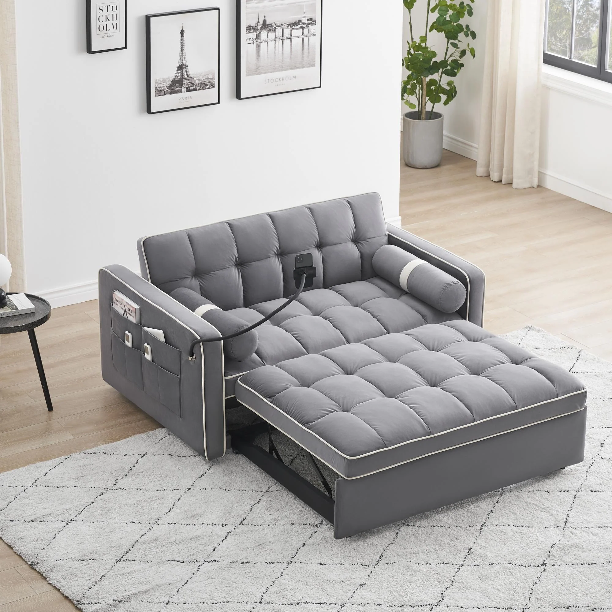 3 in 1 Sleeper Sofa Couch Bed,Small Tufted Velvet Convertible Loveseat Futon Sofa w/Pullout Bed,Adjustable Backrest,Cylinder Pillows,Multi-Pockets,Pho