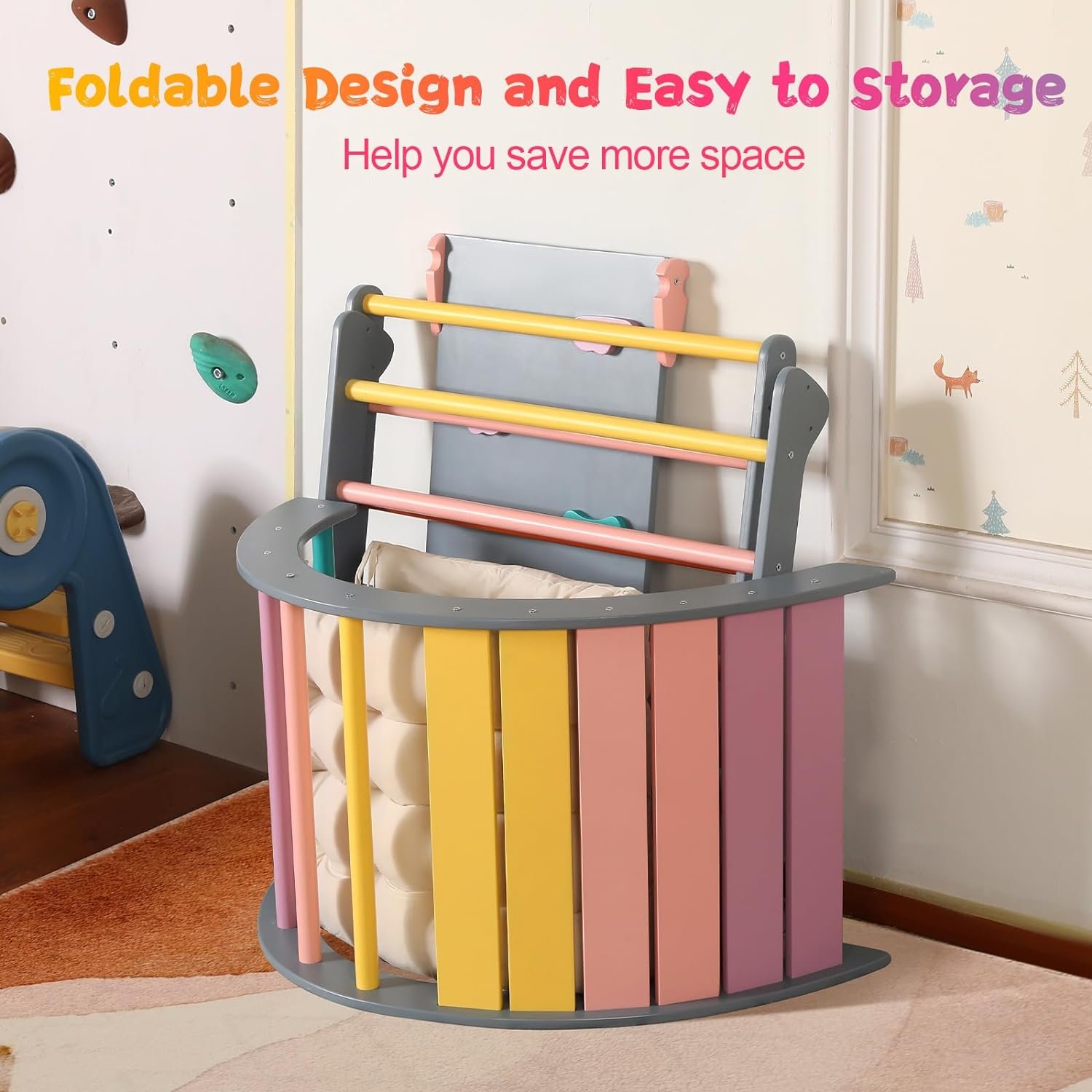 Triangle Set with Cushion, 5 in 1 Montessori Foldable Climbing Set, Climbing Indoor Playground Set for Toddlers, Wooden Climbing Toys with Ramp and Ar