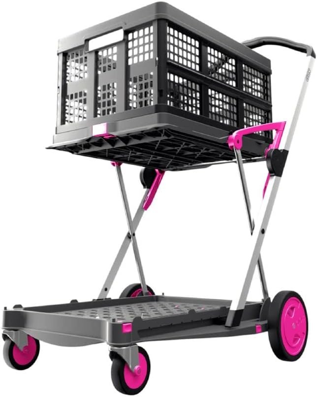 Multi use Functional Collapsible carts | Mobile Folding Trolley | Shopping cart with Storage Crate (Black) - Pink