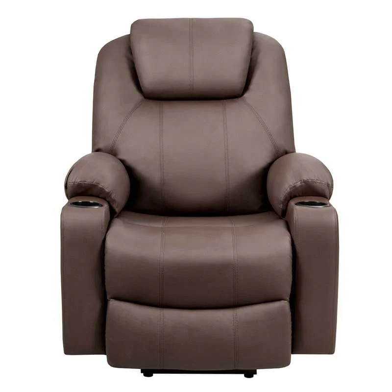 Electric Power Lift Recliner, Leather Massage Reclining Sofa, Elderly Lift Chair with Lumbar Heating & 8 Vibrating Nodes, Cup Holder, USB Port - Brown