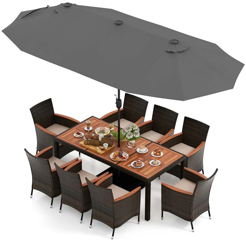 10Pcs Patio Rattan Dining Set with 15FT Double-Sided Umbrella, Heavy Duty Acacia Wood Table & Stackable Wicker Chairs - Beige