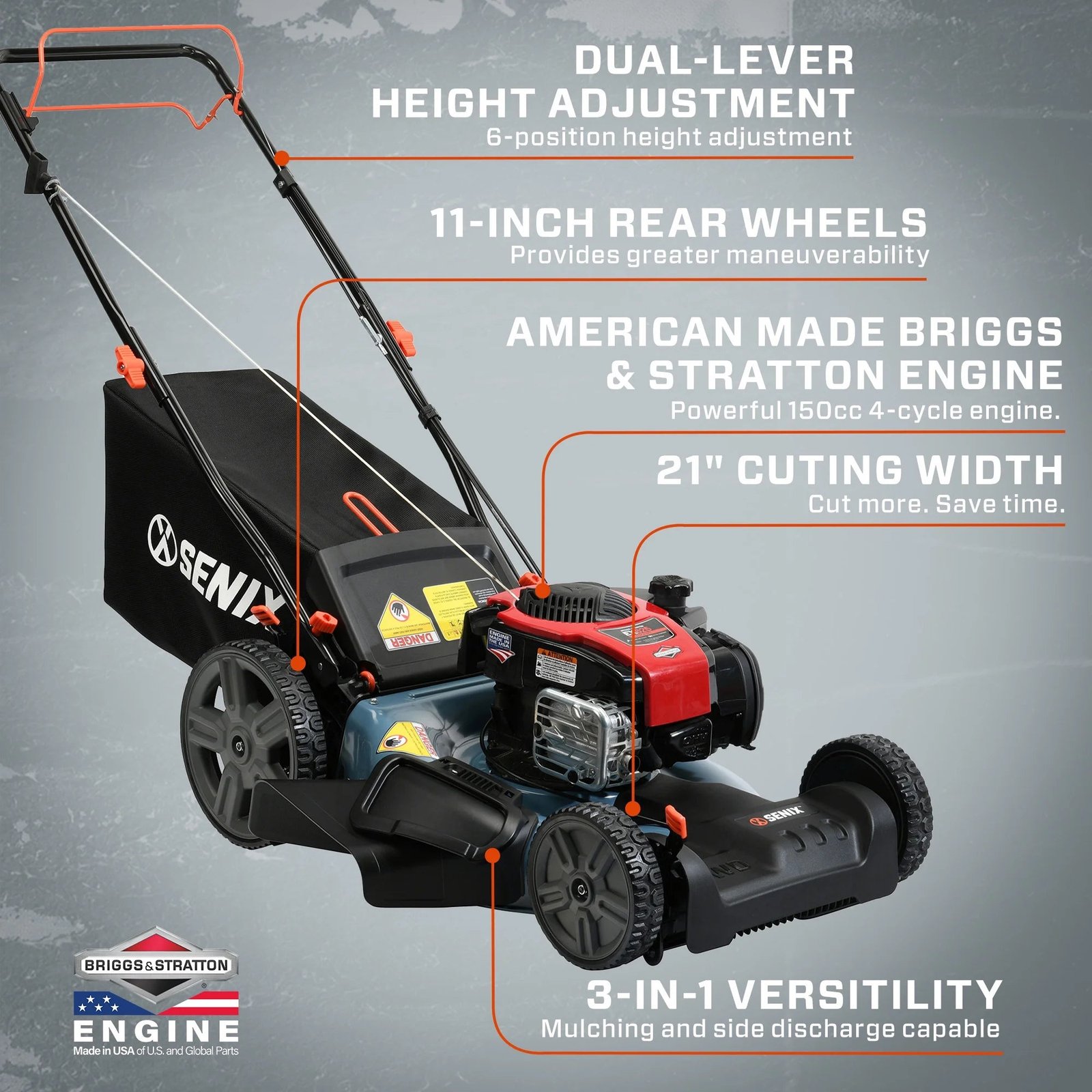 SENIX Self-Propelled Gas Lawn Mower, 21-Inch, 150 cc 4-Cycle Briggs & Stratton Engine, 3-In-1 Single Speed Lawnmower, 6-Position Height Adjustment wit