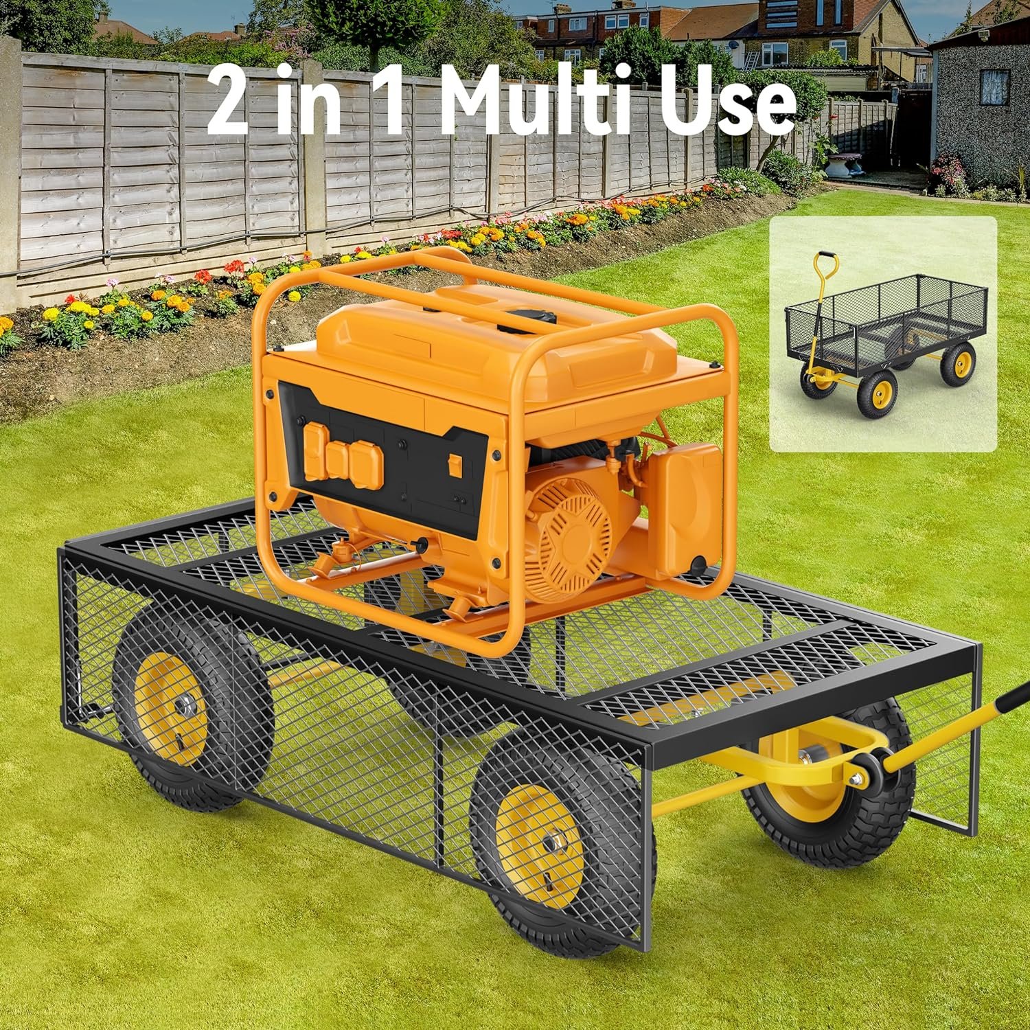Steel Garden Cart, 2-in-1 1400 lbs Heavy Duty Utility Wagon, with Removable Mesh Sides to Convert into Flatbed, 240?? U-Turn 13 Pneumatic Tires Garden