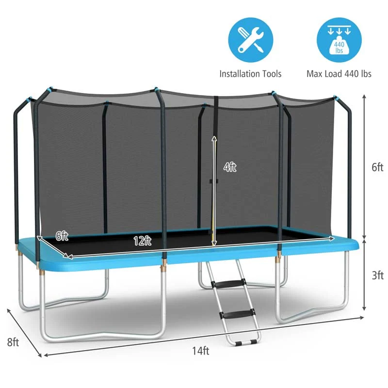 8 x 14 FT ASTM Certified Rectangular Trampoline with Safety Enclosure Net & Ladder - Blue