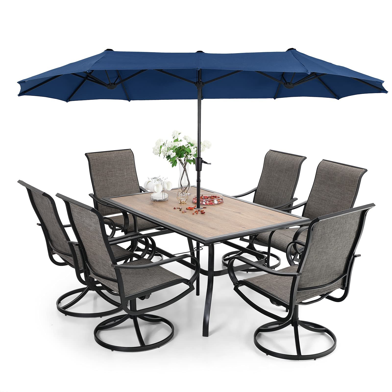 8 Pieces Patio Dining Set with Umbrella,Outdoor Furniture Set with 6 Sling Dining Swivel Chairs - Beige