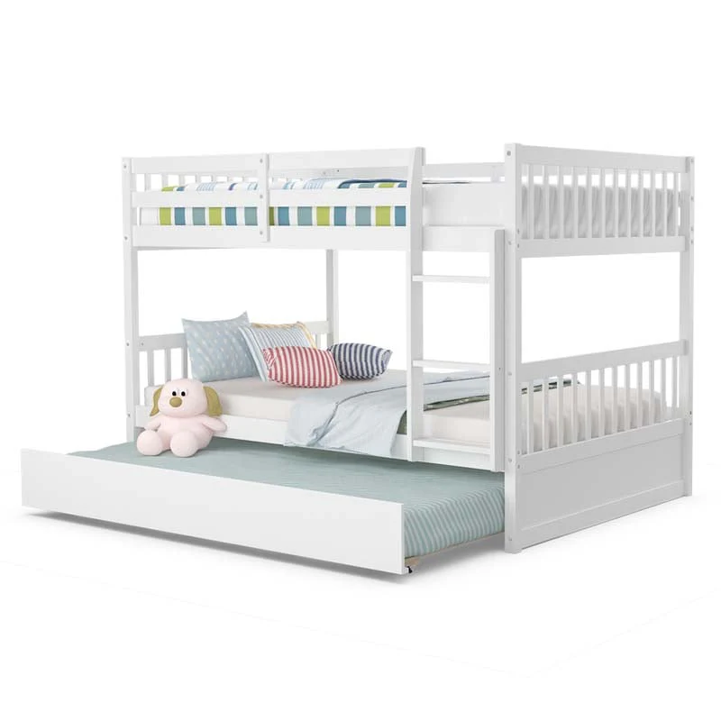 Solid Wood Full Over Full Bunk Bed Frame with Trundle, Safety Ladder & Guardrails, Convertible Bunk Bed for Kids Teens - White