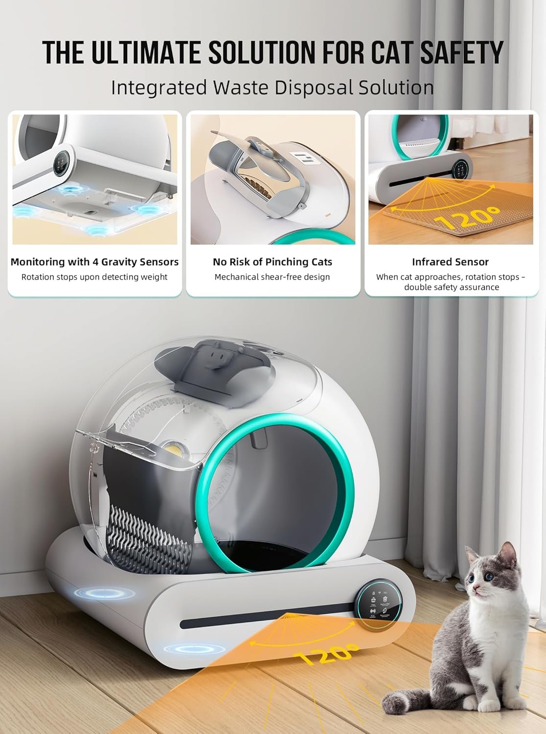Self Cleaning Cat Litter Box, Automatic Cat Litter Box with Mat & Liners, 65L+9L Large Capacity Self Cleaning Litter Box, APP Control/Suitable for Mul