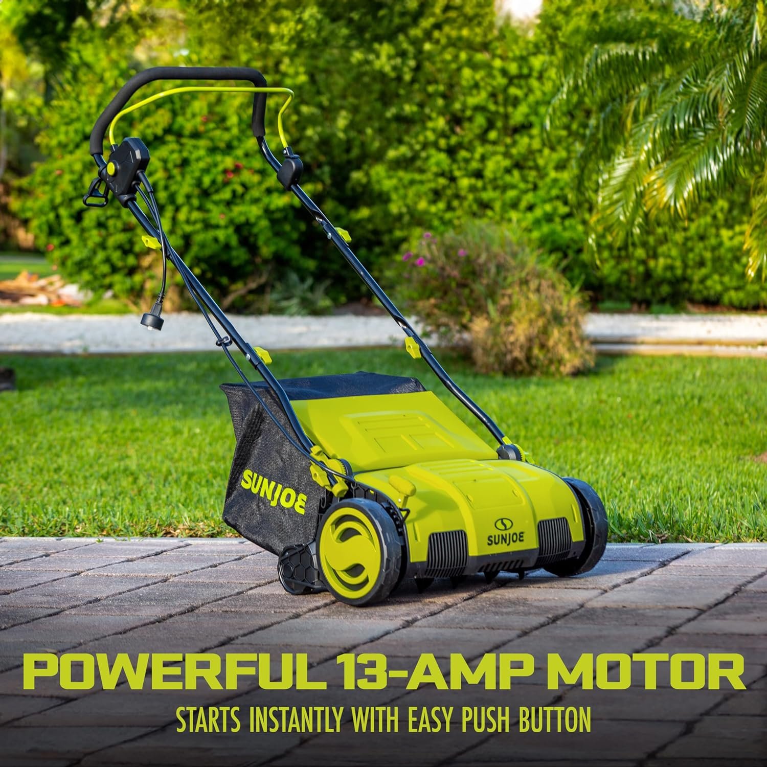 AJ805E 15-Inch 13-Amp Electric Dethatcher and Scarifier w/Removeable 13.2-Gal Collection Bag, 5-Position Height Adjustment, Airboost Technology Increa