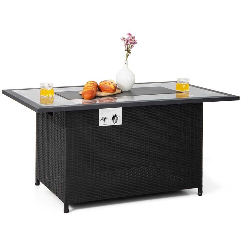52 50000 BTU Rattan Outdoor Propane Gas Fire Pit Table with Marble Tabletop, Lava Rocks & PVC Cover