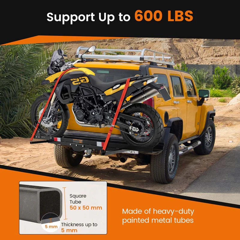 600LBS Motorcycle Hitch Carrier Fit Up to 7.5 Wide Tire, Motorcycle Carrier Hitch Mount w/Loading Ramp, Dirt Bike Trailer, Heavy Duty Motorcycle Rack