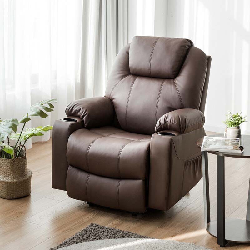 Electric Power Lift Recliner, Leather Massage Reclining Sofa, Elderly Lift Chair with Lumbar Heating & 8 Vibrating Nodes, Cup Holder, USB Port - Brown