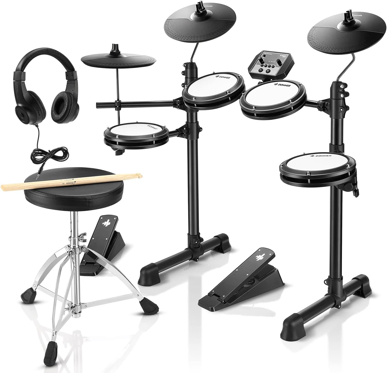 Donner DED-80 Electronic Drum Set, Electric Drum Set for Beginner with 4 Quiet Mesh Drum Pads, 2 Switch Pedal, 180+ Sounds, Throne, On-Ear Headphones,