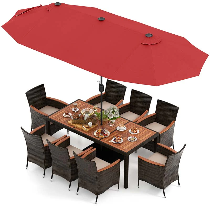 10Pcs Patio Rattan Dining Set with 15FT Double-Sided Umbrella, Heavy Duty Acacia Wood Table & Stackable Wicker Chairs - Beige